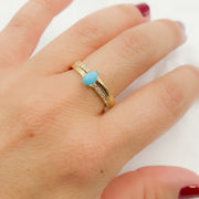 14K Solid Yellow Gold Diamond and Turquoise Double Line Drop Ring.